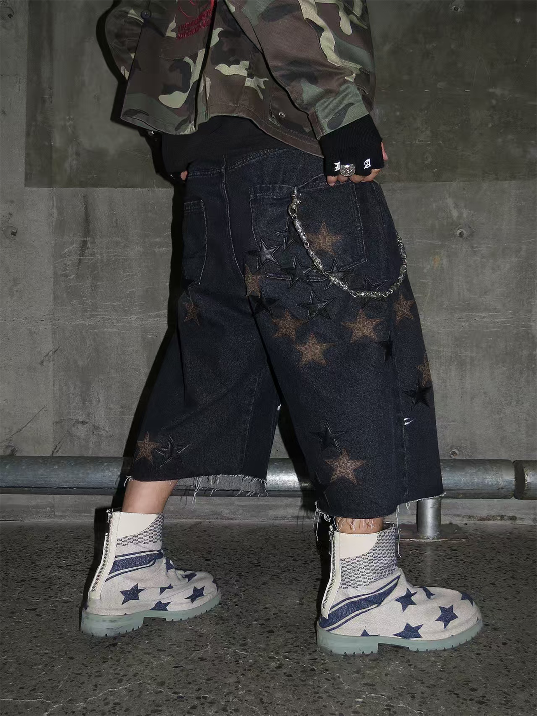 BE A DEVIL丨Leopard Star Patch Cropped Work Pants - PSYLOS 1, BE A DEVIL丨Leopard Star Patch Cropped Work Pants, Jeans, BE A DEVIL, PSYLOS 1
